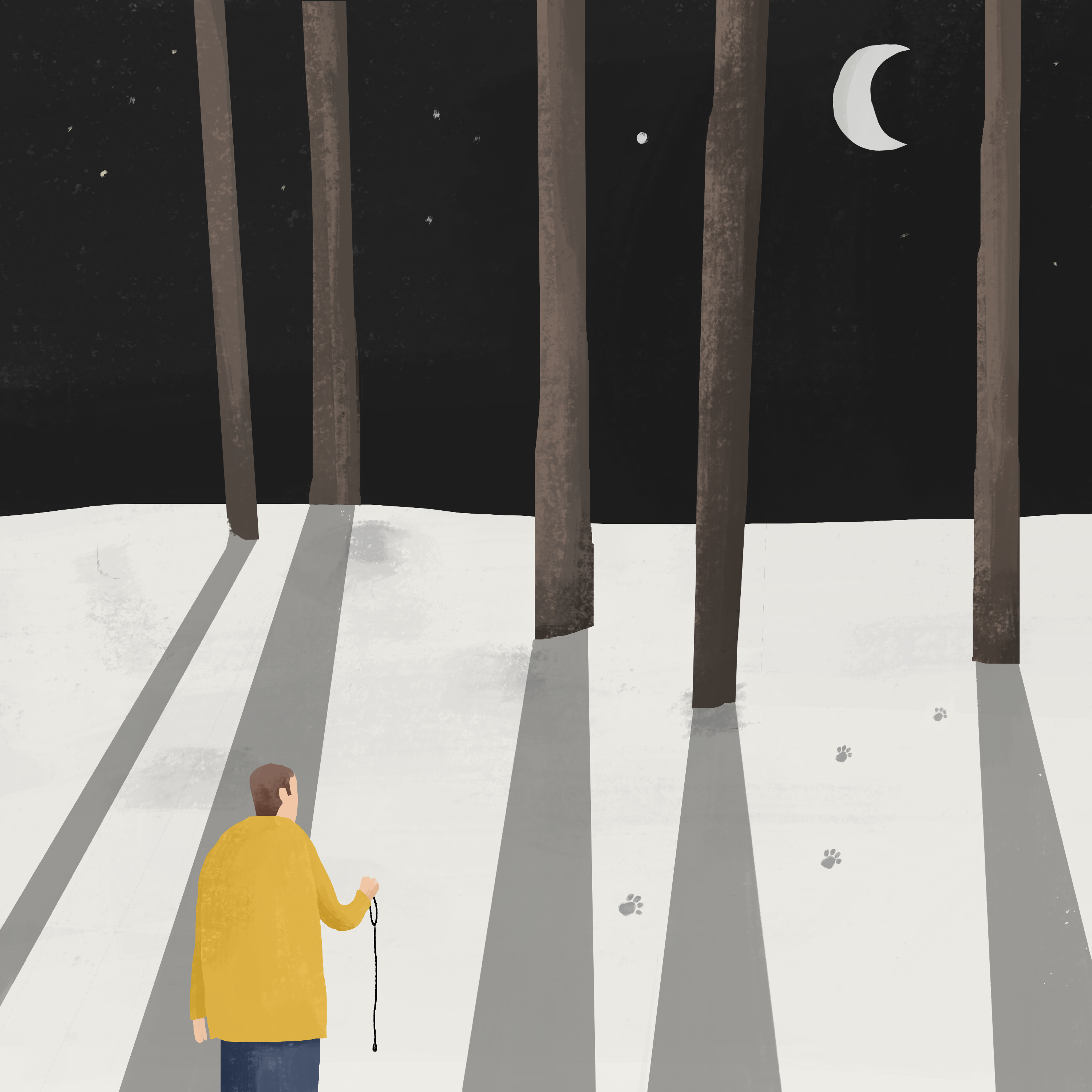 Illustration of a man in the woods looking for his lost dog